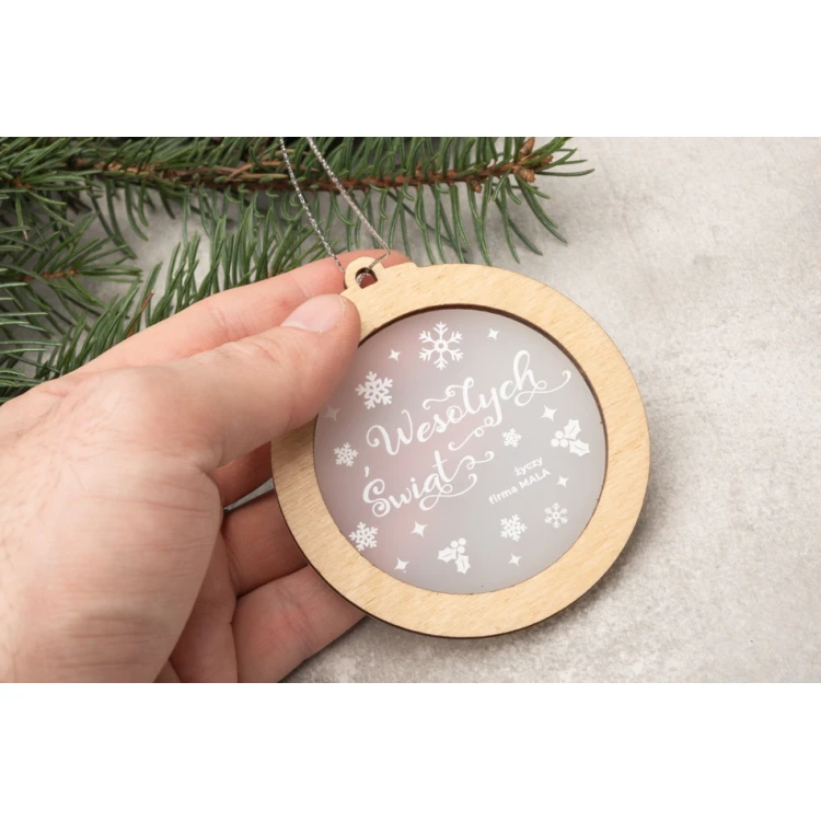 Weihnachtsbaumkugeln aus Holz und Plexiglas - Größe 80x86mm - beliebiger Druck - BDR030