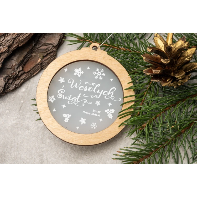 Weihnachtsbaumkugeln aus Holz und Plexiglas - Größe 80x86mm - beliebiger Druck - BDR030