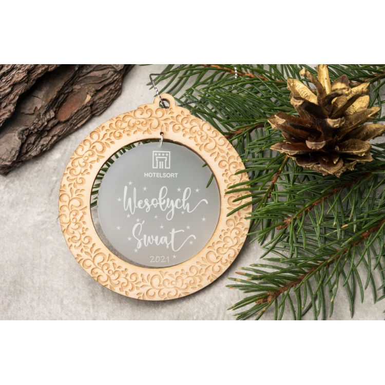 Weihnachtsbaumkugeln aus Holz und Plexiglas - Größe 80x86mm - beliebiger Druck - BDR032
