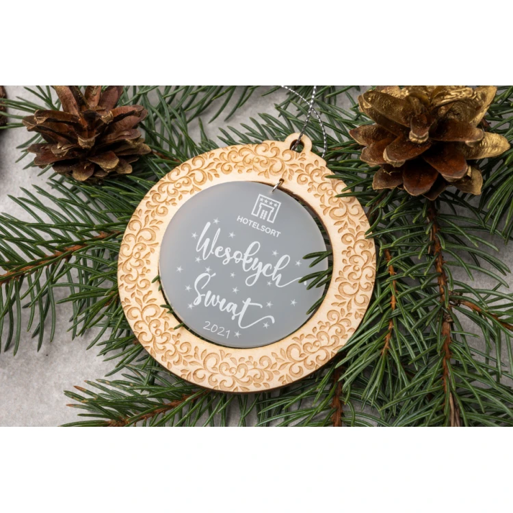 Weihnachtsbaumkugeln aus Holz und Plexiglas - Größe 80x86mm - beliebiger Druck - BDR032