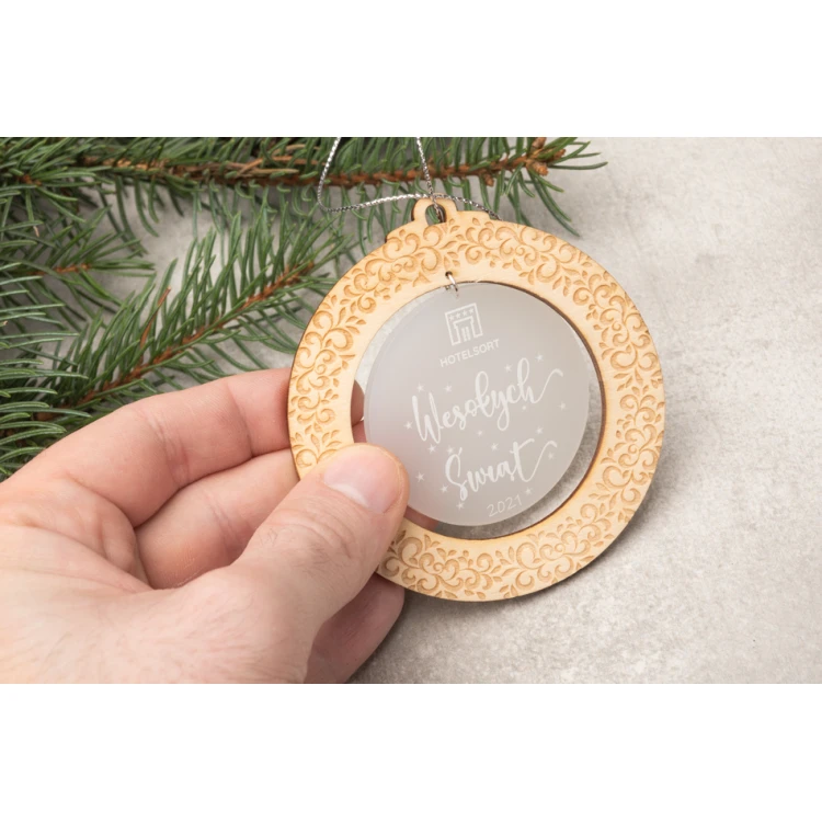 Weihnachtsbaumkugeln aus Holz und Plexiglas - Größe 80x86mm - beliebiger Druck - BDR032
