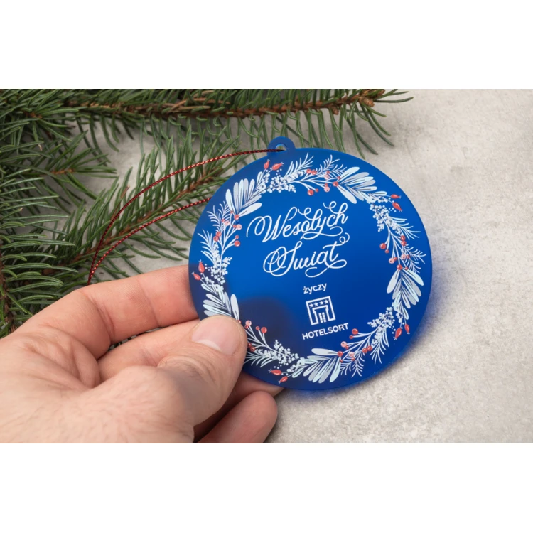 Weihnachtsbaumkugeln aus blauem Frost-Plexiglas - Größe 80x84mm - beliebiger Druck - BDR039