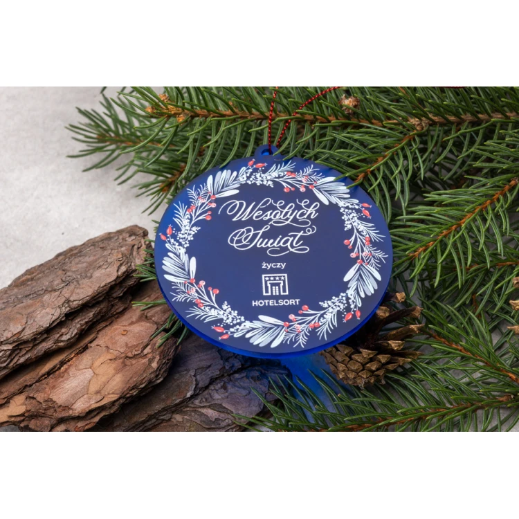 Weihnachtsbaumkugeln aus blauem Frost-Plexiglas - Größe 80x84mm - beliebiger Druck - BDR039