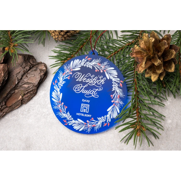 Weihnachtsbaumkugeln aus blauem Frost-Plexiglas - Größe 80x84mm - beliebiger Druck - BDR039