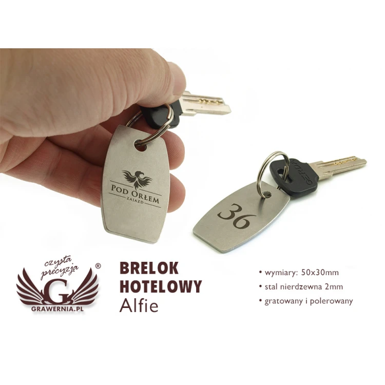 Hotel Schlüsselanhänger - ALFIE Edelstahl 2mm dick - Maße: 50x30mm - BM018