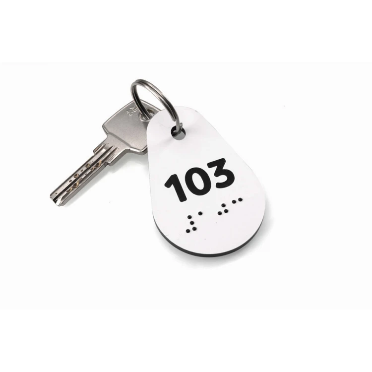 Schlüsselanhänger mit Braille-Schrift - weißes Laminat 3mm - Avila - 67x42mm - BP146