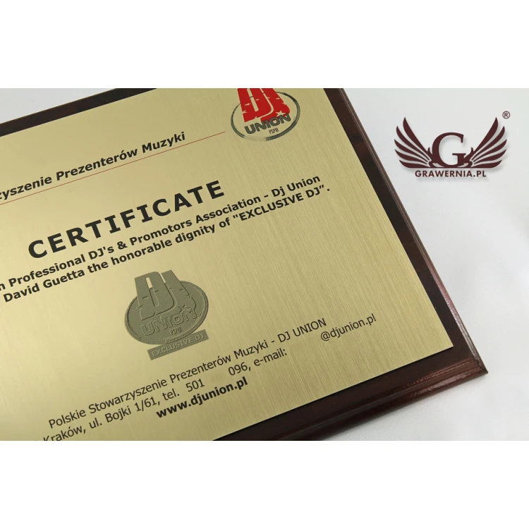 Zertifikat für DJ MD154 Größe 25,5x20cm - farbiger UV-Druck - DUV024