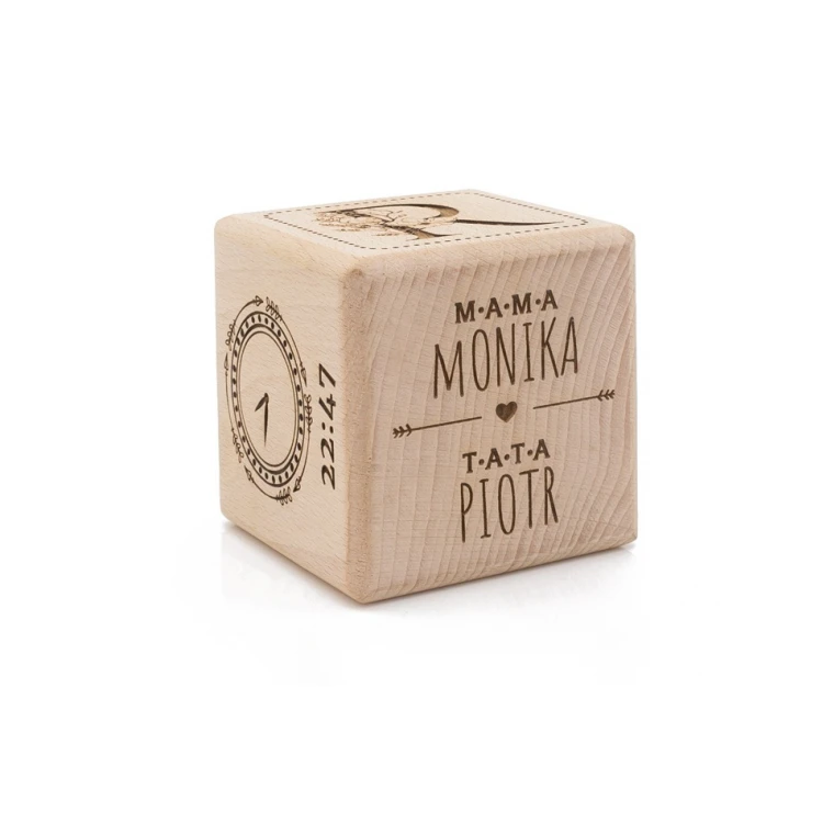 Holzwürfel mit Kindesmetrik in einer Holzbox mit Gravur - Taufgeschenk - KSD003