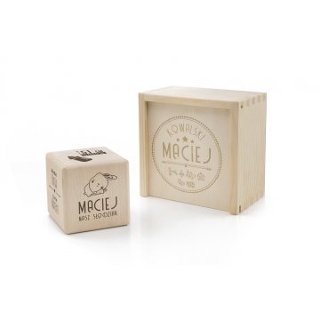 Holzwürfel mit Kindesmetrik in einer Holzbox mit Gravur - Taufgeschenk - KSD005