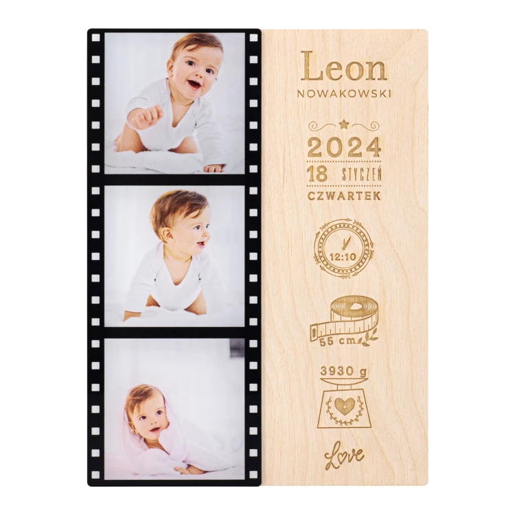 Namensschild aus Holz mit Fotos - Lasergravur - Abmessungen 150x200mm - MET011