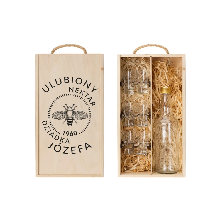 Holzkiste für Wodka mit einem Set von 6 Gläsern - Geschenk für den Großvater - SK062