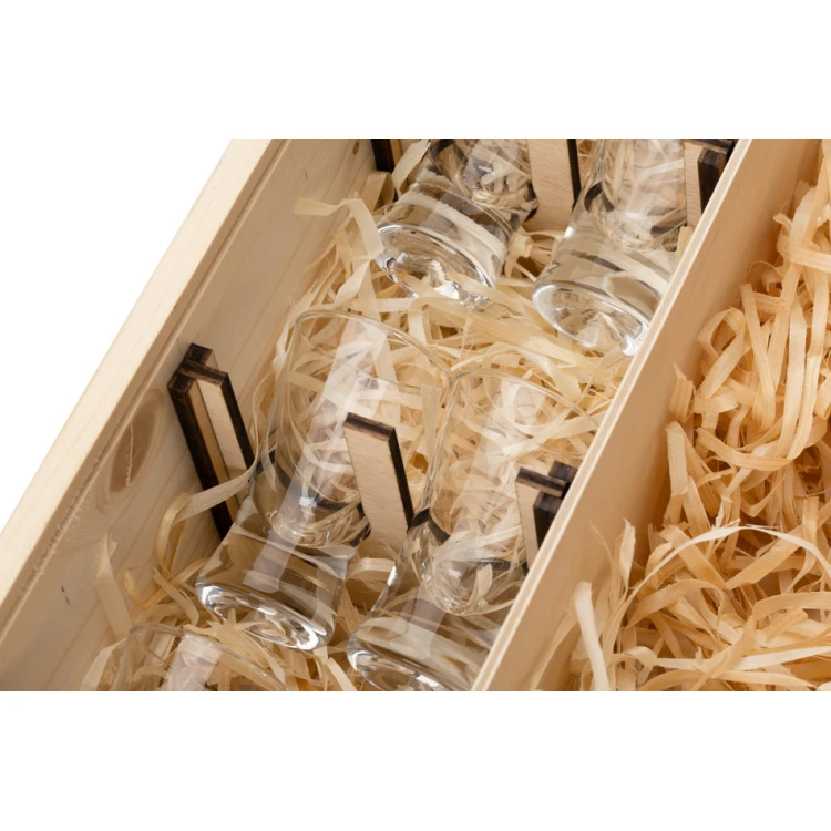 Holzkiste für Wodka mit einem Set von 6 Gläsern für den Junggesellenabend - SK069