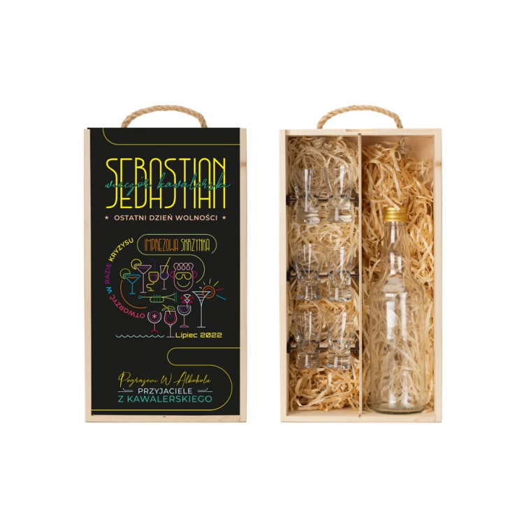 Holzkiste für Wodka mit einem Set von 6 Gläsern für den Junggesellenabend - SK069