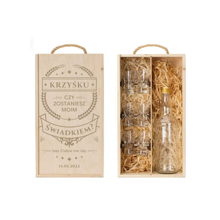Holzkiste für Wodka mit einem Set von 6 Gläsern - Willst du mein Zeuge sein? - SK074