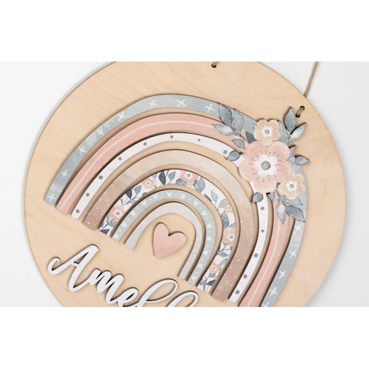 Holzschild mit Kindernamen - Regenbogen 6 - Durchmesser 290mm - NAP043