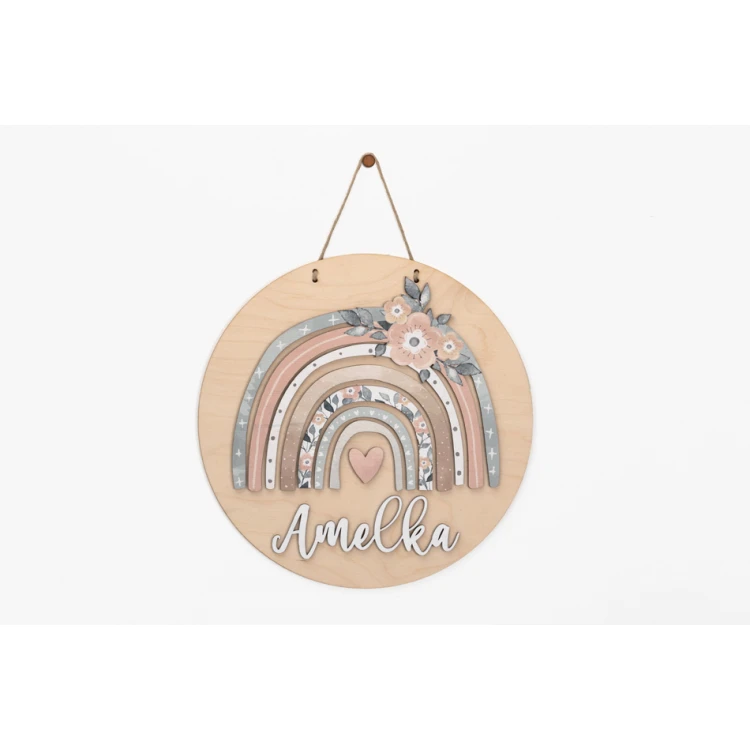 Holzschild mit Kindernamen - Regenbogen 6 - Durchmesser 290mm - NAP043