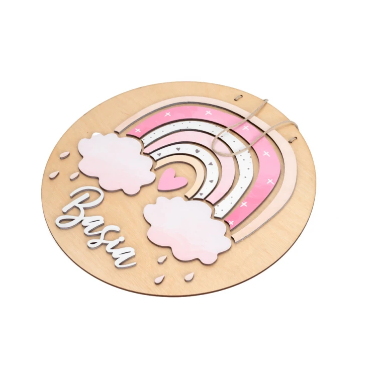 Holzschild mit Kindernamen - Regenbogen 9 - Durchmesser 290mm - NAP060