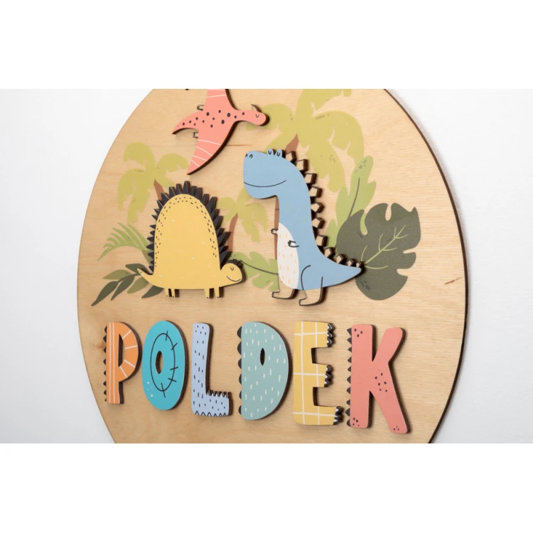 Holzschild mit Kindernamen - Dinosaurier - Durchmesser 290mm - NAP061