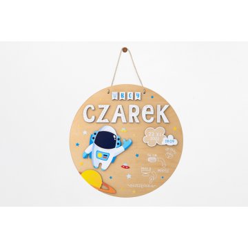 Holzschild mit Kindernamen und Geburtsdaten - Astronaut - Durchmesser 290mm - NAP073