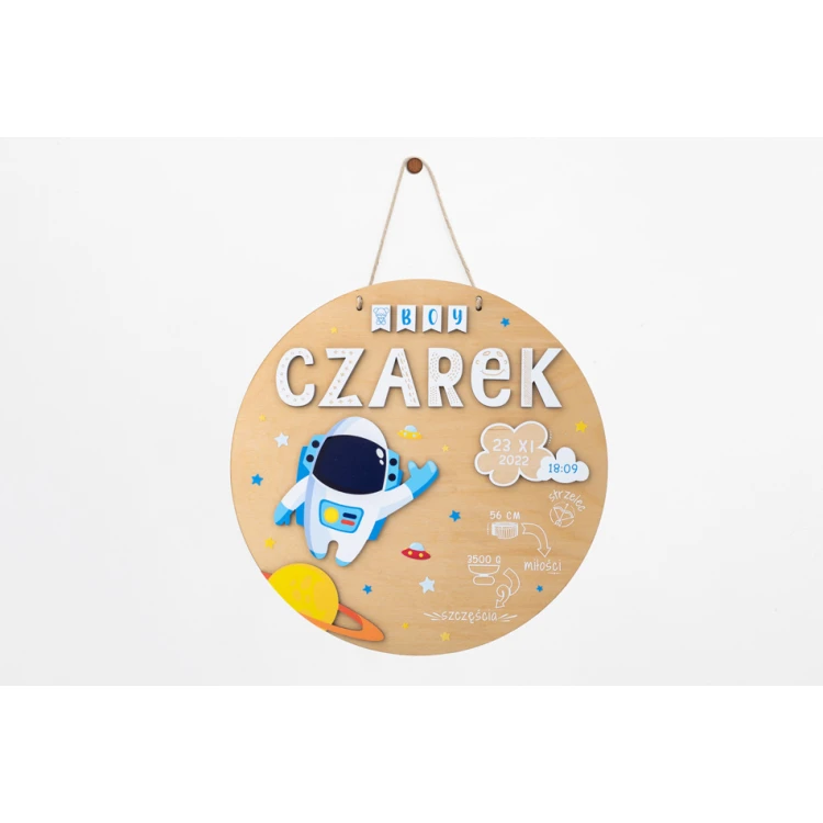 Holzschild mit Kindernamen und Geburtsdaten - Astronaut - Durchmesser 290mm - NAP073