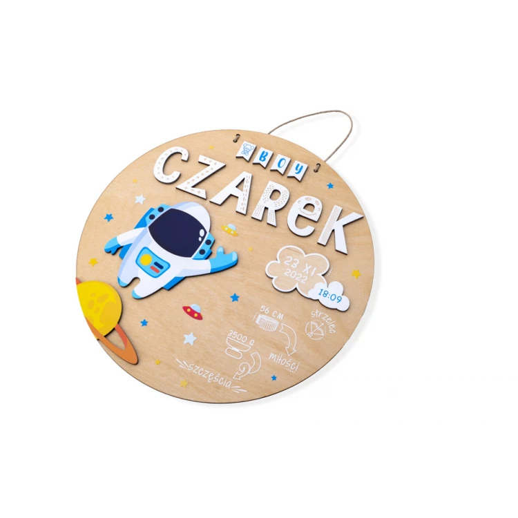Holzschild mit Kindernamen und Geburtsdaten - Astronaut - Durchmesser 290mm - NAP073