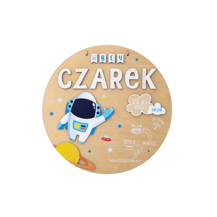 Holzschild mit Kindernamen und Geburtsdaten - Astronaut - Durchmesser 290mm - NAP073