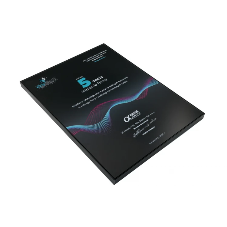 Jubiläums-Diplom aus exklusivem schwarzem Glas - Maße: 400x300mm - DUV058