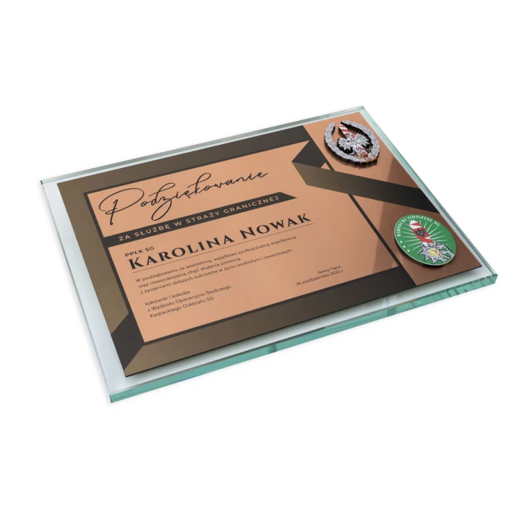 Glasdiplom - Dank für den Dienst in der Grenzschutz - horizontal - farbiger UV-Druck - DUV077
