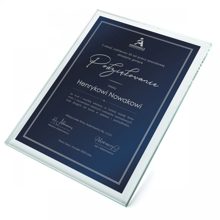 Glasdiplom - Dankeschön - vertikal - farbiger UV-Druck - DUV068
