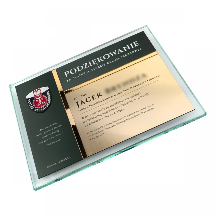 Glasurkunde - Dank für die Arbeit im Zoll- und Finanzdienst - horizontal - farbiger UV-Druck - DUV089