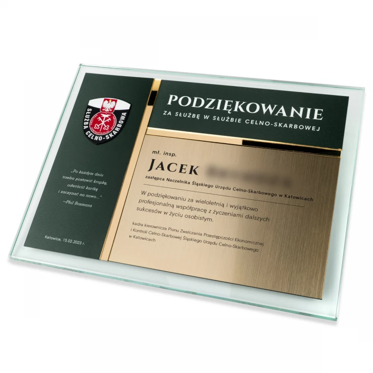 Glasurkunde - Dank für die Arbeit im Zoll- und Finanzdienst - horizontal - farbiger UV-Druck - DUV089