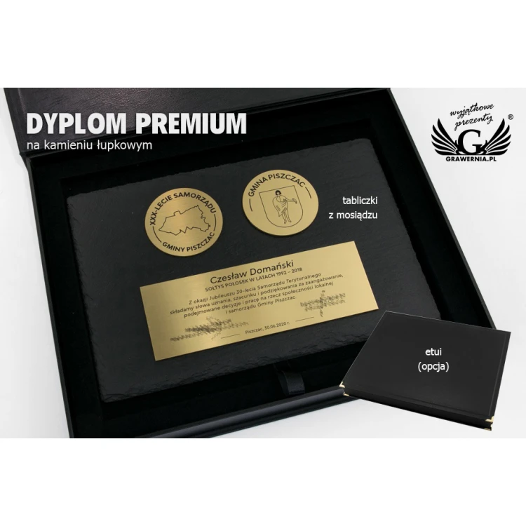 Schieferdiplom mit Messing 1,6mm - zwei Medaillen und Plakette - DK004