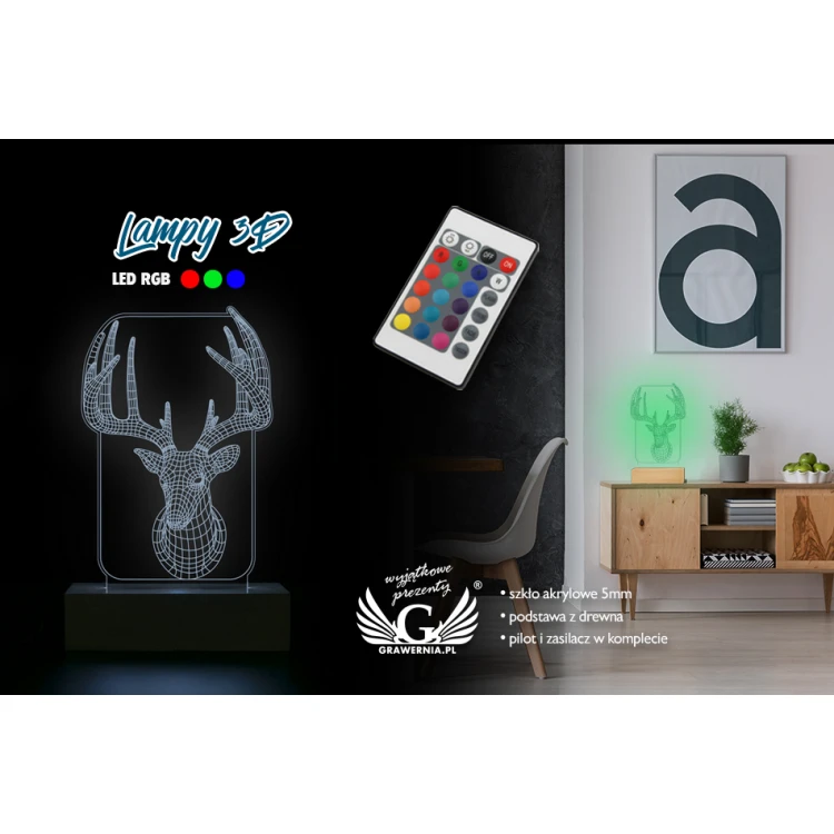 Hirsch - 3D LED RGB Lampe mit Fernbedienung - L3D009