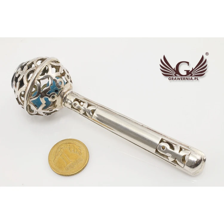 RASSEL mit blauen Perlen - SILBER - Andenken an die Heilige Taufe - Modell SRB008