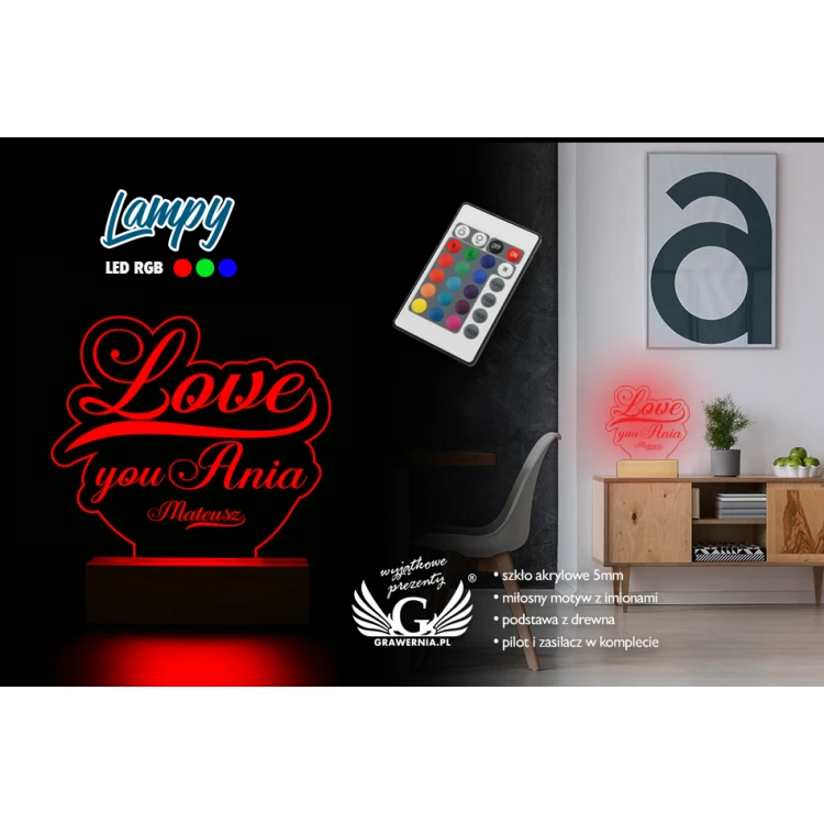 LED RGB Lampe mit Fernbedienung - Love - Valentinstag L3D003