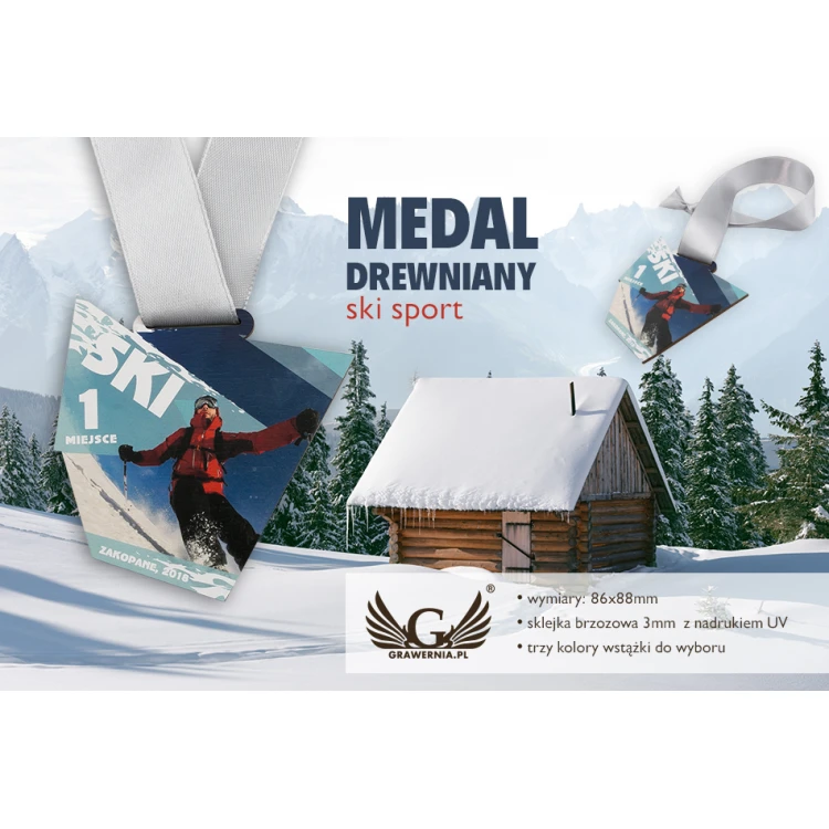 Holzmedaille UV-Druck - Ski Sport - Abmessungen: 86x88mm - MGR052