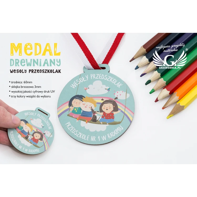 UV-bedruckte Holzmedaille - Fröhlicher Kindergärtner - Durchmesser: 60mm - MGR058