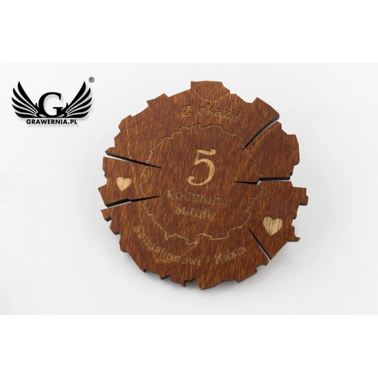 Holzmedaille zum 5. Hochzeitstag (aus Holz) in einer Holzkassette - Farbe warmes Braun - MGR009