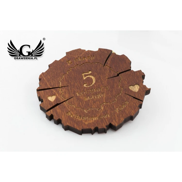 Holzmedaille zum 5. Hochzeitstag (aus Holz) in einer Holzkassette - Farbe warmes Braun - MGR009