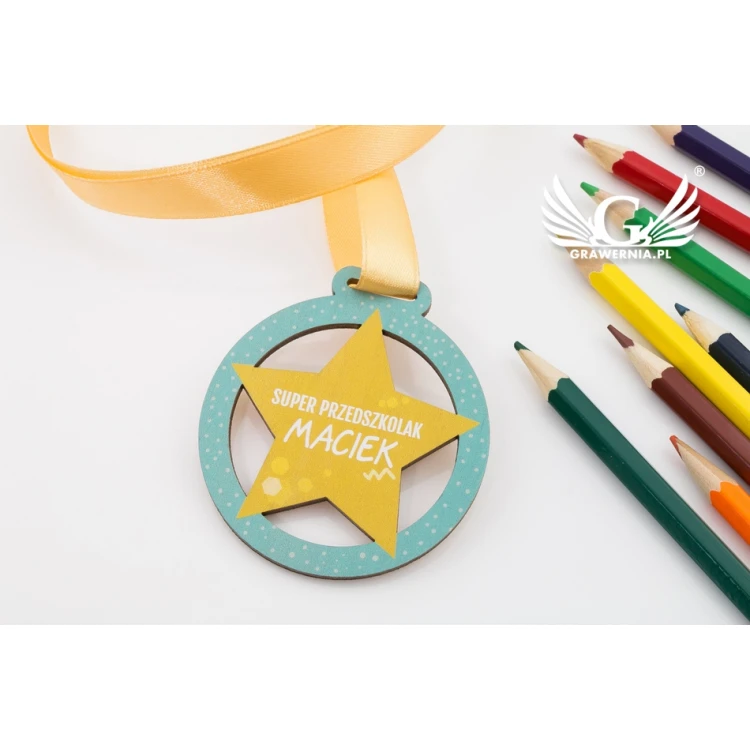 UV-bedruckte Holzmedaille - Super Kindergärtner - Durchmesser: 60mm - MGR057