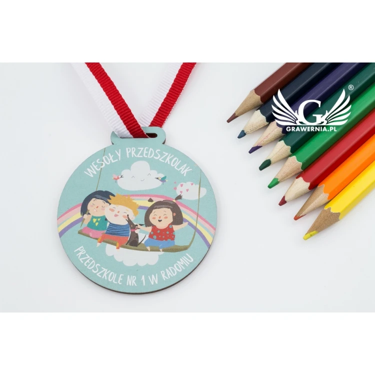 UV-bedruckte Holzmedaille - Fröhlicher Kindergärtner - Durchmesser: 60mm - MGR058
