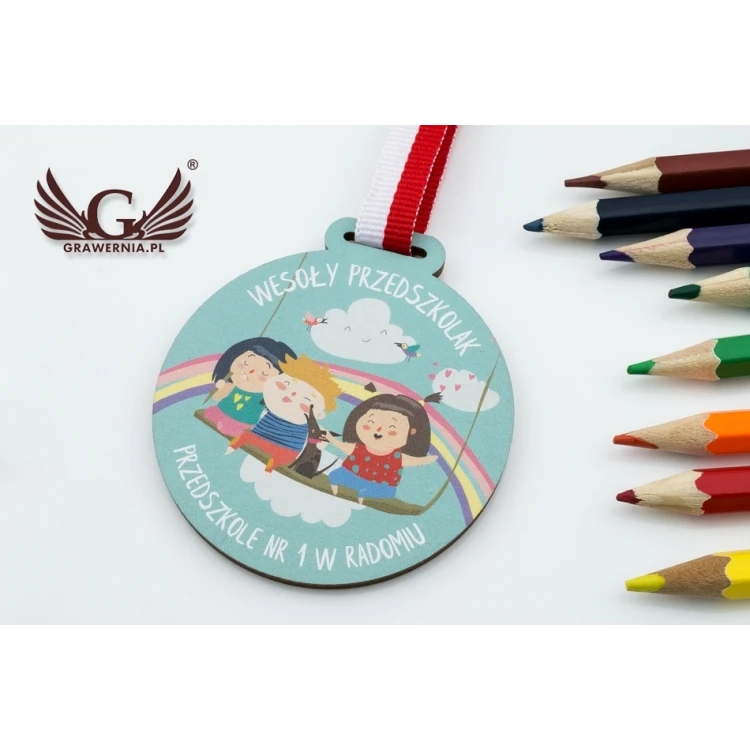 UV-bedruckte Holzmedaille - Fröhlicher Kindergärtner - Durchmesser: 60mm - MGR058