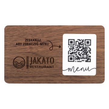 Menü mit austauschbarem QR-Code und Firmenlogo - graviertes leichtes Walnussholz - Abmessungen 120x70mm - MEN025