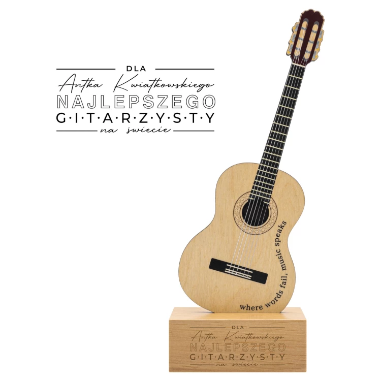Holzstatuette für einen Musiker in Form einer Gitarre - UV-Druck - Höhe 27,5 cm - DTA153