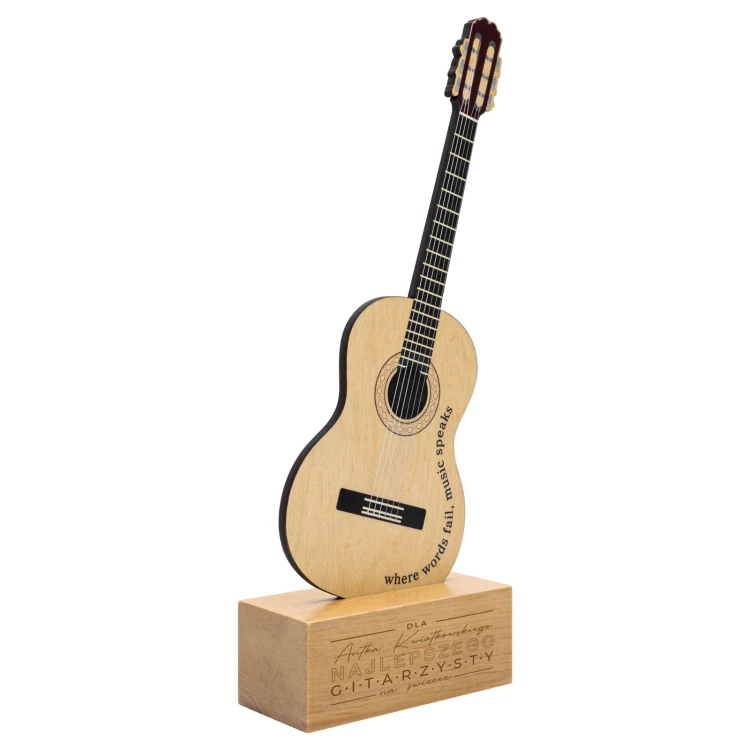 Holzstatuette für einen Musiker in Form einer Gitarre - UV-Druck - Höhe 27,5 cm - DTA153