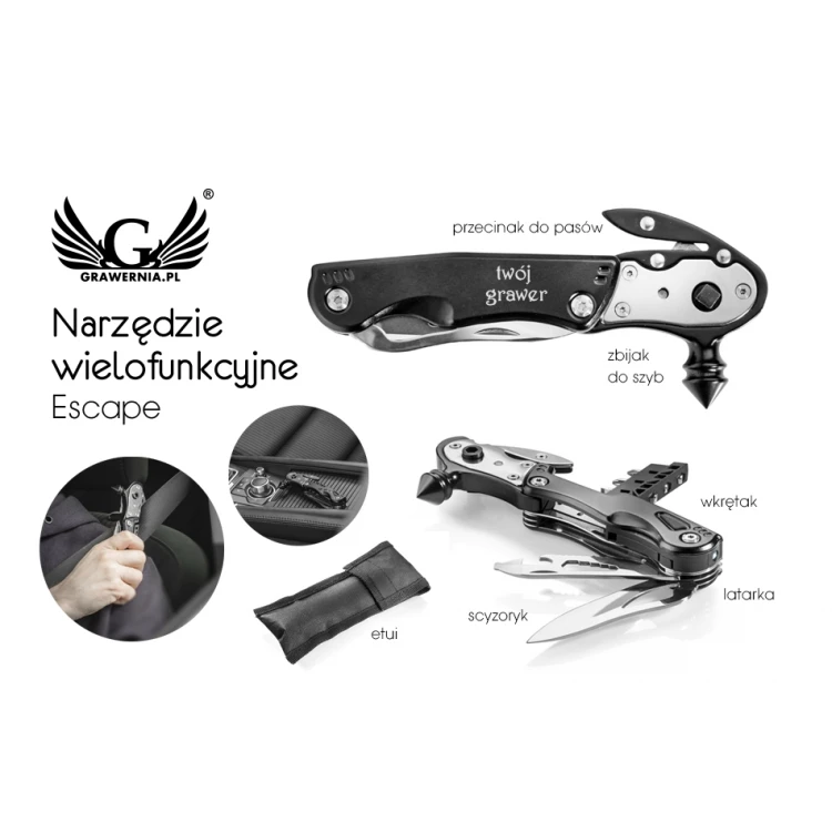Multifunktionales Werkzeug Escape mit Gravur - Taschenmesser, Schneidwerkzeug, Schraubendreher - BP100