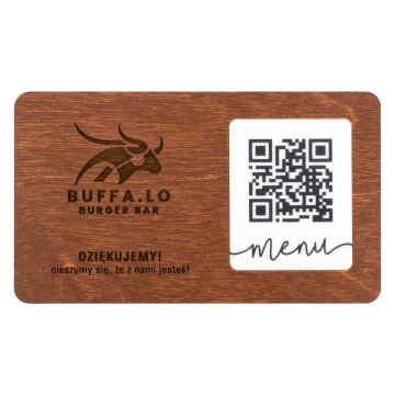 Menü mit austauschbarem QR-Code und Firmenlogo - graviertes Holz - Abmessungen 120x70mm - MEN024