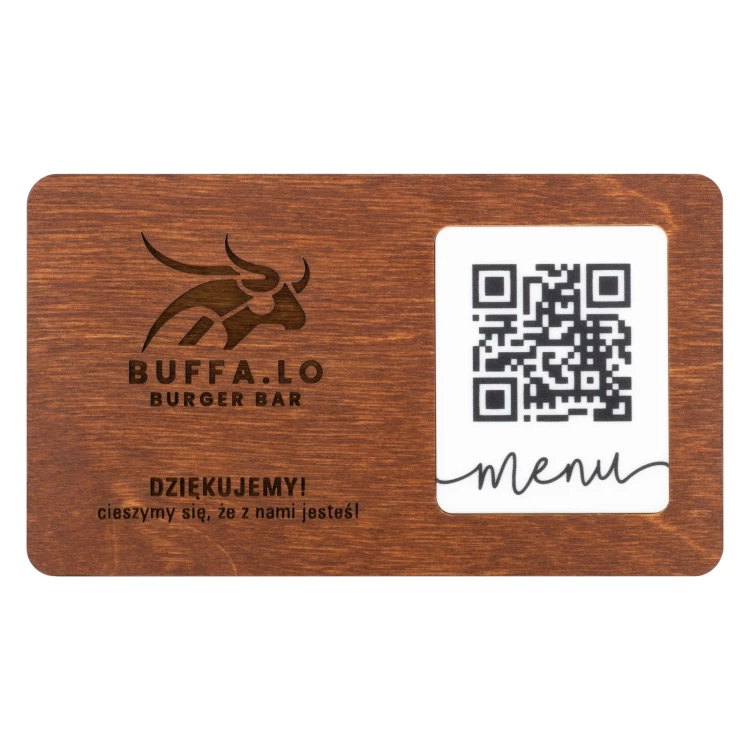 Menü mit austauschbarem QR-Code und Firmenlogo - graviertes Holz - Abmessungen 120x70mm - MEN024