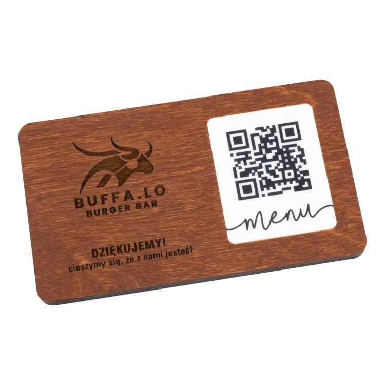 Menü mit austauschbarem QR-Code und Firmenlogo - graviertes Holz - Abmessungen 120x70mm - MEN024