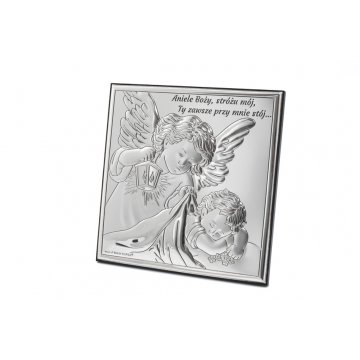 Silbernes Bild Engel mit Laterne über dem Kind Größe 12x12cm - 6730S/2X